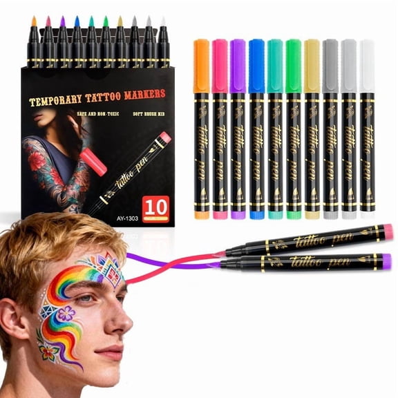 Washable Temporary Tattoo Pen Set, 10 Pack of 2ml Detachable Body Art Markers for Kids and Adults, Non-Permanent Skin Safe Tattoo Pens for Parties and Festivals