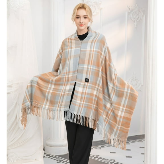 Washable USB Heated Blanket Light Blue Plaid Electric Throw with 3 Heat Settings for Wearable Warmth