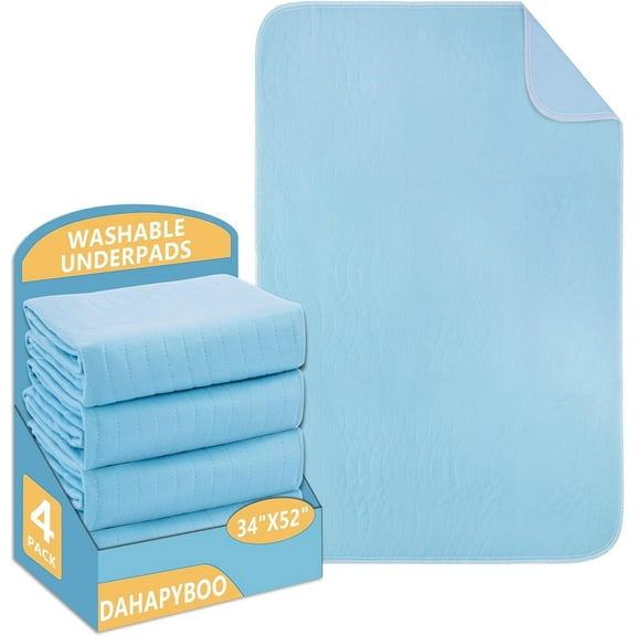 Washable Underpads, 34"x52" 4 Pack Incontinence Bed Pads, Heavy Absorbency Reusable for Elderly, Kids, Adults and Pets, Waterproof Quick Drying for Bed, Sofa, Floor