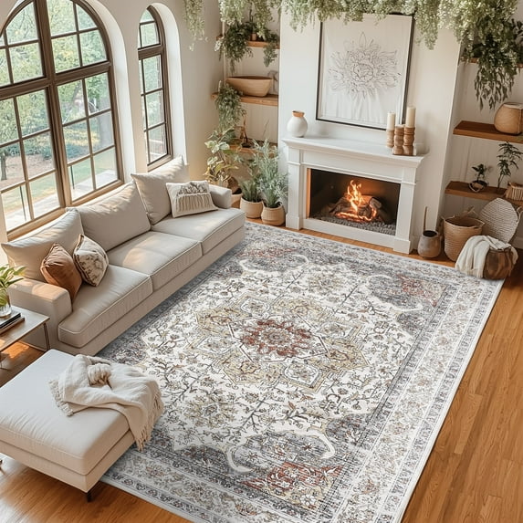Washable Vintage Area Rugs 8x10 – Non-Slip Low Pile Carpet, Floral Design for Living Room, Bedroom, Dining, Office(Khaki)