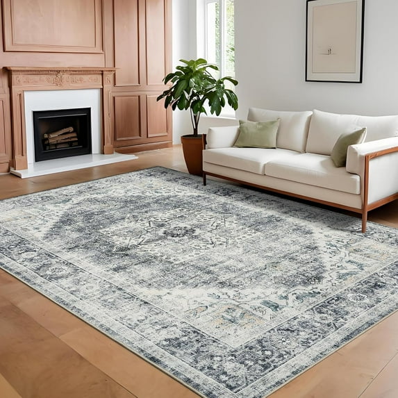 Washable Vintage Area Rugs Stain&Non-Slip Low Pile Soft Rug for Living Room Bedroom,Farmhouse Oriental Indoor Floor Rug for Home Office