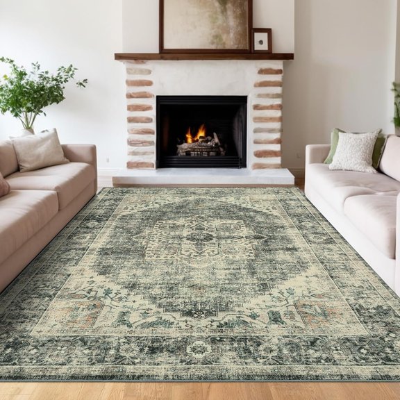 Washable Vintage Area Rugs Stain&Non-Slip Low Pile Soft Rug for Living Room Bedroom,Farmhouse Oriental Indoor Floor Rug for Home Office