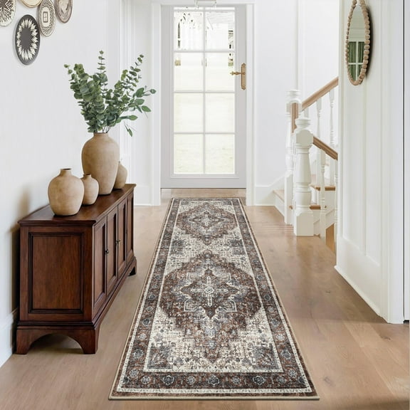 Washable Vintage Distressed Area Rug for Living Room, Low Pile Ultra Soft Non-Slip Carpet, Foldable Stain-Resistant Non-Shedding Floor Cover for Bedroom and Office