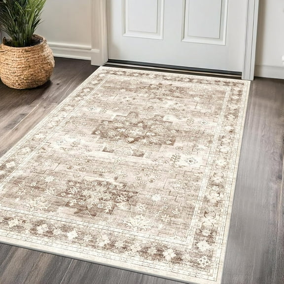 Washable Vintage Floral Area Rug 3x6ft - Neutral Farmhouse Boho Rug for Entryway, Bedroom, Kitchen