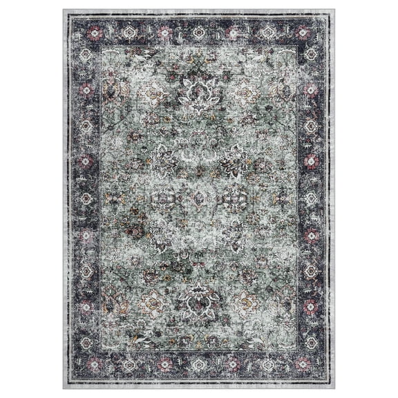 Washable Vintage Floral Area Rug Non Slip Distressed Low Pile Thin Collapsible Carpet Mat for Living Room Bedroom Kitchen Entryway Hallway Office