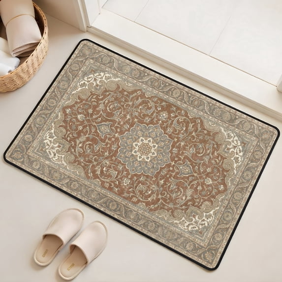 Washable Vintage Kitchen Mat 31"x20" Non Slip Soft Plush Low Profile Kitchen Rug, Distressed Medallion Oriental Style Sink Mat for Laundry Room Bedroom Office