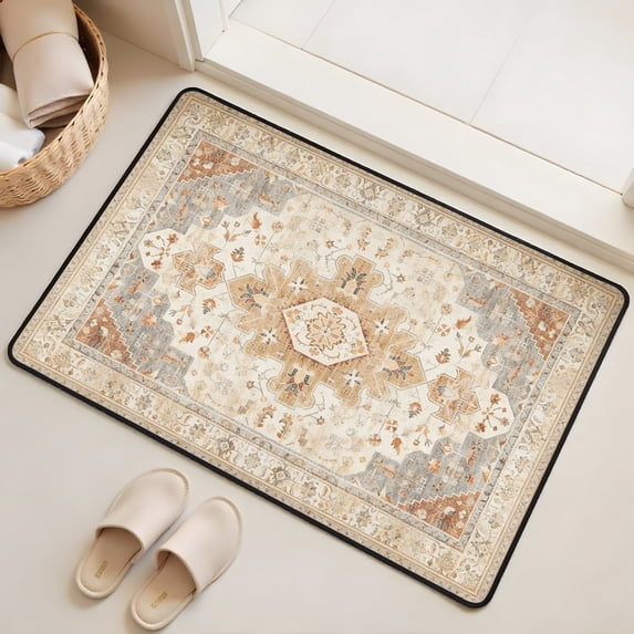 Washable Vintage Kitchen Mat 31"x20" Non Slip Soft Plush Low Profile Kitchen Rug, Distressed Medallion Oriental Style Sink Mat for Laundry Room Bedroom Office