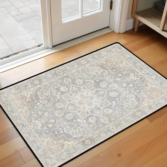 Washable Vintage Kitchen Mat 31"x20" Non Slip Soft Plush Low Profile Kitchen Rug, Distressed Medallion Oriental Style Sink Mat for Laundry Room Bedroom Office
