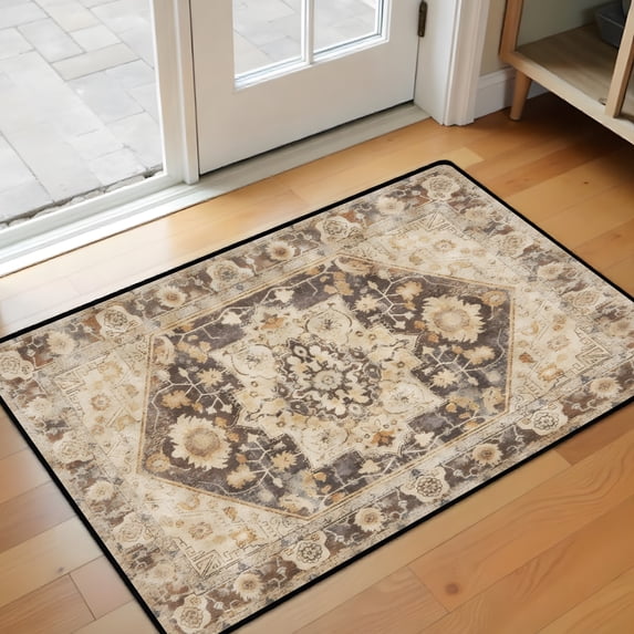 Washable Vintage Kitchen Mat 31"x20" Non Slip Soft Plush Low Profile Kitchen Rug, Distressed Medallion Oriental Style Sink Mat for Laundry Room Bedroom Office