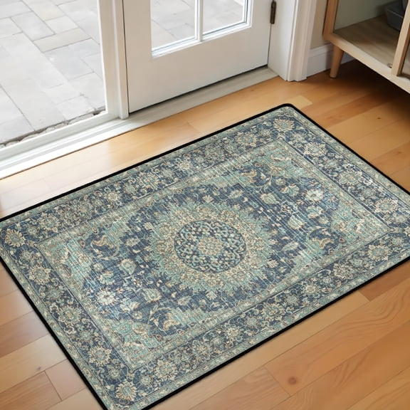 Washable Vintage Kitchen Mat 31"x20" Non Slip Soft Plush Low Profile Kitchen Rug, Distressed Medallion Oriental Style Sink Mat for Laundry Room Bedroom Office