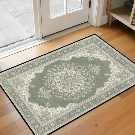 Washable Vintage Kitchen Mat 31"x20" Non Slip Soft Plush Low Profile Kitchen Rug, Distressed Medallion Oriental Style Sink Mat for Laundry Room Bedroom Office