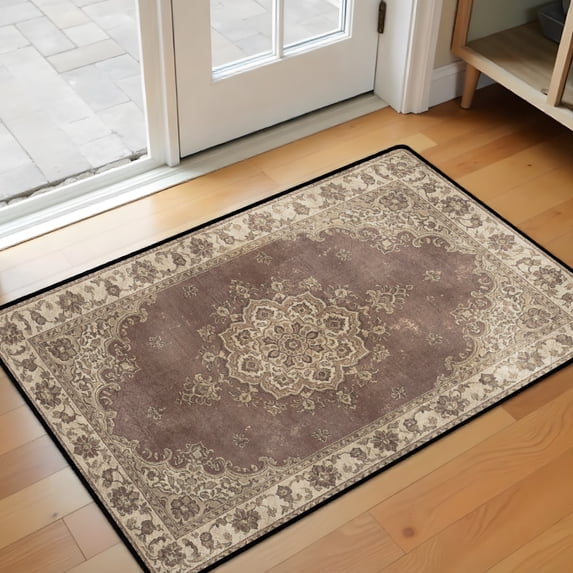 Washable Vintage Kitchen Mat 31"x20" Non Slip Soft Plush Low Profile Kitchen Rug, Distressed Medallion Oriental Style Sink Mat for Laundry Room Bedroom Office