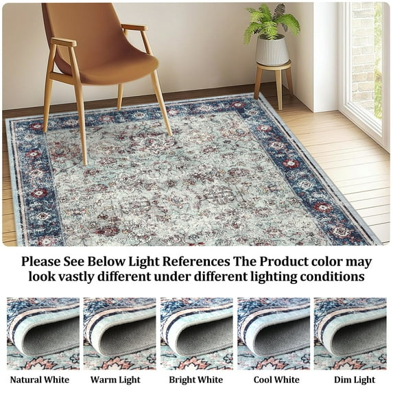 Washable Vintage Traditional Distressed Indoor Foldable Thin Retro Accent Non-Slip Area Rug Carpet Mat for Living Room Bedroom and Office