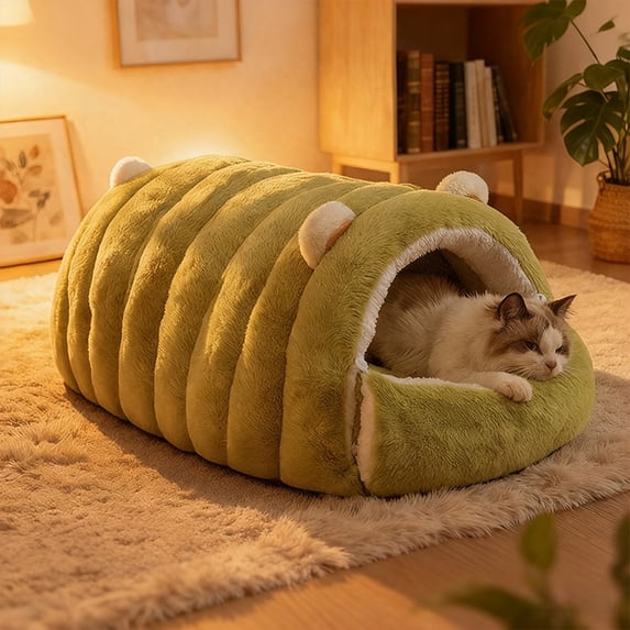 Washable and Warm Pet Bed for Cats and Dogs, Semi-Enclosed Design with Removable Cover, Convertible Between Open and Closed Styles