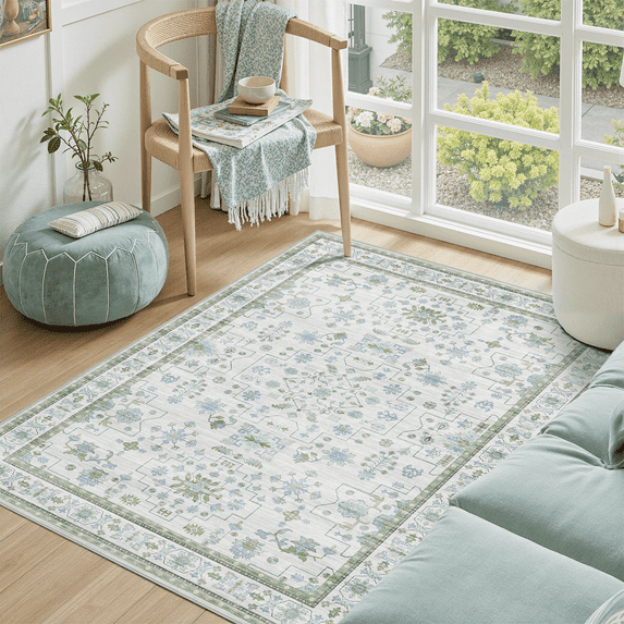 Washable carpet 3x5, small area anti-slip retro Bohemian flower carpet, suitable for bedroom entrance, bedroom, bedside, indoor door mat, cream-Green