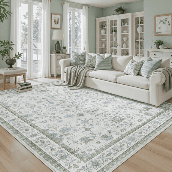 Washable carpet, retro Bohemian style, 5x7 anti-slip and stain-resistant low-pile floor carpet, suitable for living room, Office,bedroom, kitchen-Green