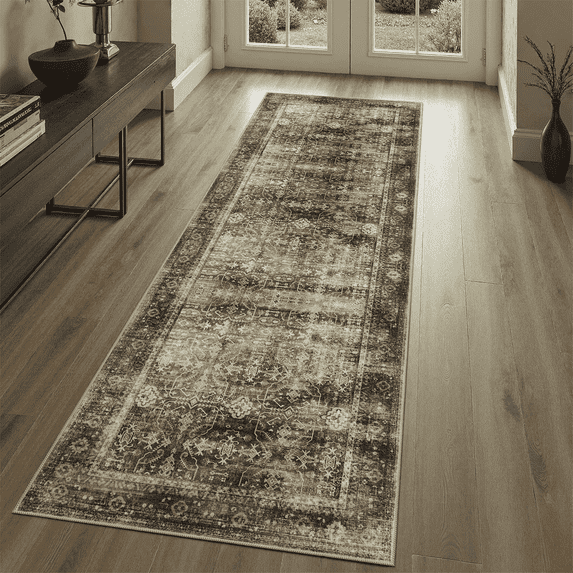 2x6 Runner Rug, Washable, Non-Slip, Stain-Resistant Rustic Farmhouse Low Pile Carpet for Kitchen, Entryway, Passage -Brown