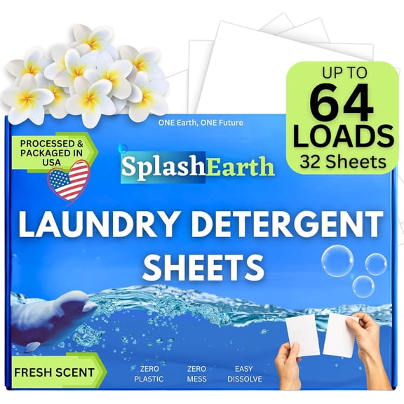 Washable laundry sheets (64 uses, fresh scent), eco-friendly laundry detergent sheets, plastic-free travel laundry soap, 32 sheets