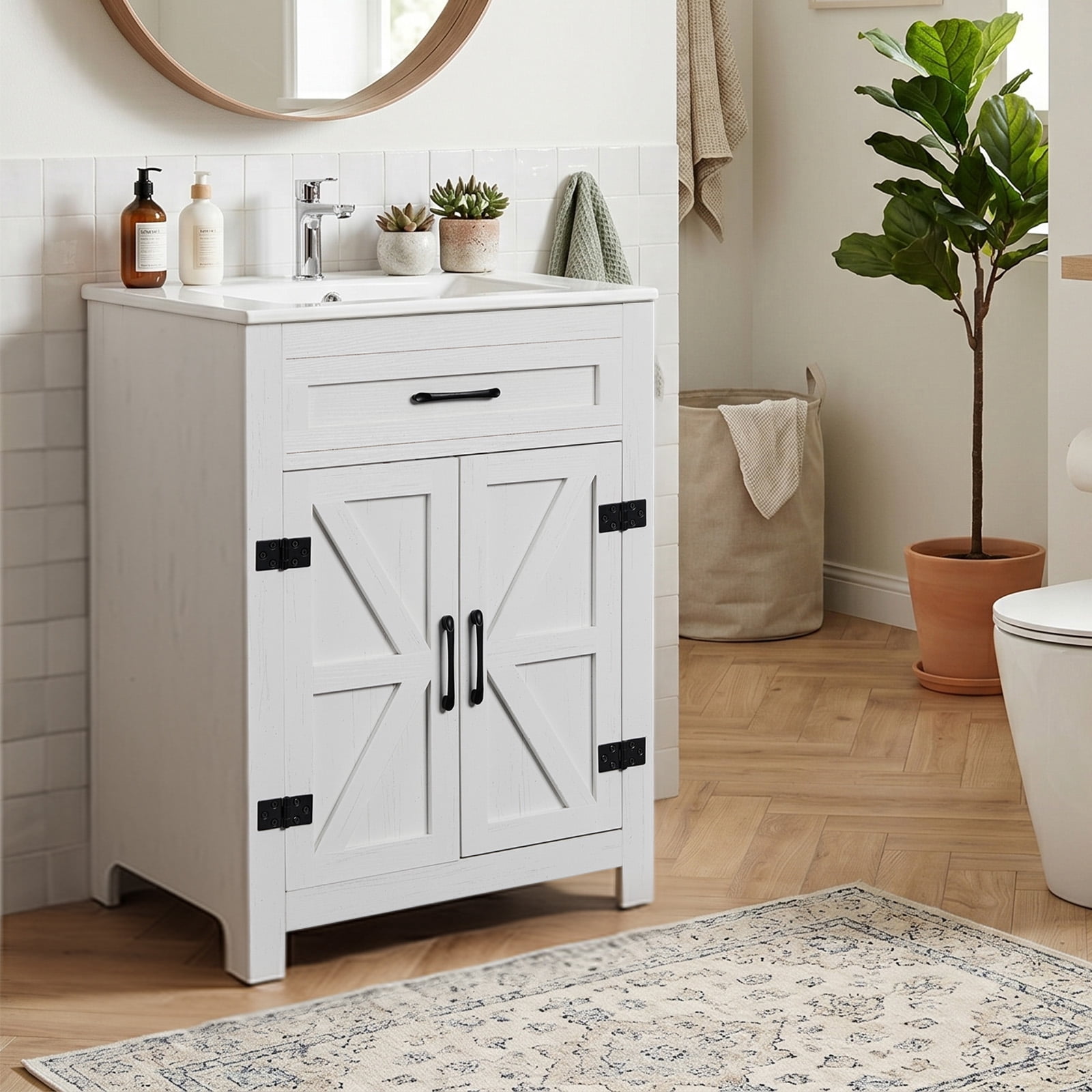 Washbasin Cabinet, Barn Double Door With U-Shaped Internal Shelves, Washed White Particleboard With Melamine Veneer, 61*47*85cm (24 inches)