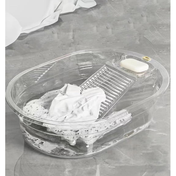 Washboard Basin for Hand Washing Clothes, 19.2" Laundry Washboard Basin with Built-In Washboard, Soap Holder & Carry Handles, Hand Wash Tub for Delicates, Baby Clothes, Apartment, Dorm, RV & Sink Use