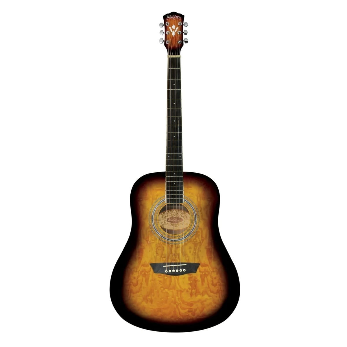 Washburn 6-String Right-Handed Acoustic Guitar Pack with Clip-On Electronic Tuner and Folding Guitar Stand (Tobacco Burst)