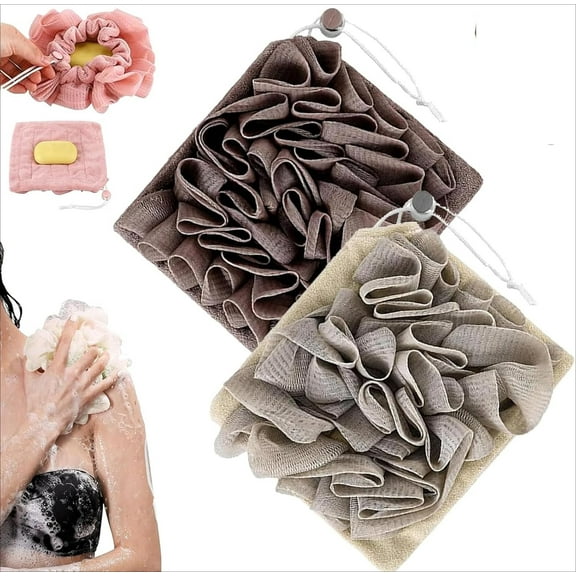 Washcloth Loofah Combo, 2-in-1 Bath Loofah Sponge with Drawstring Shower Washcloth, Exfoliation Mesh Shower Puff Ball for Body Wash Cleansing and Smooth Skin