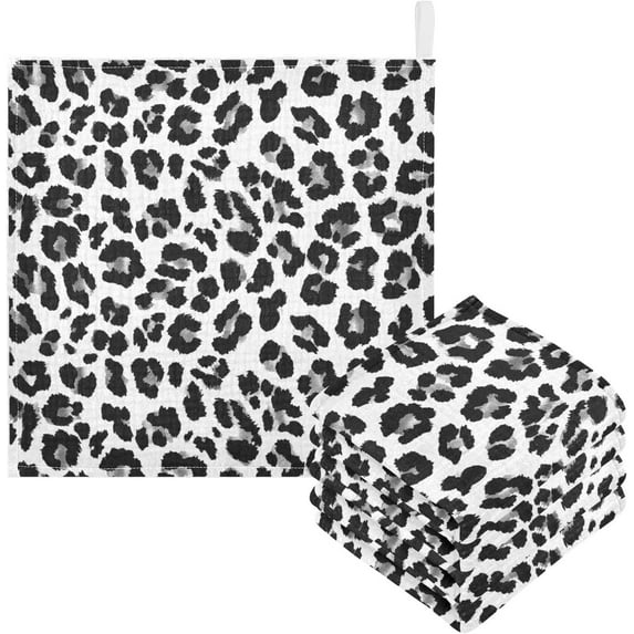 Washcloths Set Bathroom Kitchen Wash Cloths Face Towels Wipes White Leopard Black Cheetah Decorative 12x12 Inch 5 Pack