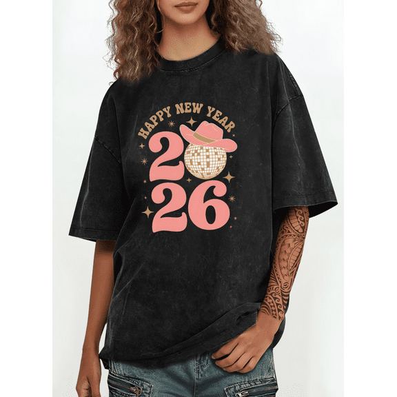 Washed 2026 Cowboy Hat Theme Graphic Tee T Shirt Tops Effortless Everyday Tee Short Sleeve Round Neck Black S-2XL Plus Size