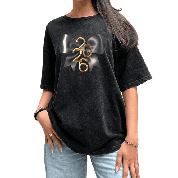 Washed 2026 Silver Bow Theme Gold Accent Graphic Tee T Shirt Tops Cotton Short Sleeve Round Neck Black S-2XL Plus Size