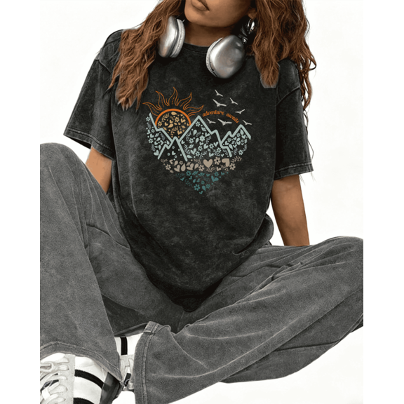 Washed Adventure Heart Mountain Graphic Tee T-Shirt Top Print Soft Short Sleeve Round Neck Black S-2XL Plus Size