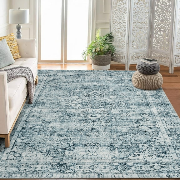 Washed Back Low Pile Area Rug for Living Room, Washable Rugs for Bedroom, Hallway Runner, Large Non-Slip Carpet for Kitchen Dining Room