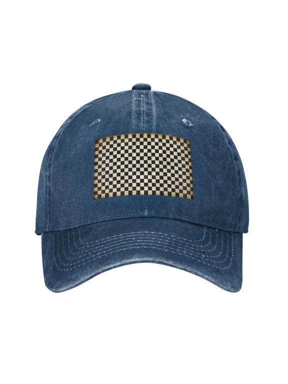 Washed Baseball Cap Black And White Checkered Retro Adjustable Dad Hat Gift for Men Women Navy Blue