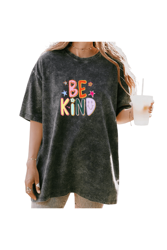 Washed Black Be Kind Colorful Doodle Smiley Graphic Print Tshirt Graphic Tees Shirts Positive Retro Casual Tops S-2XL