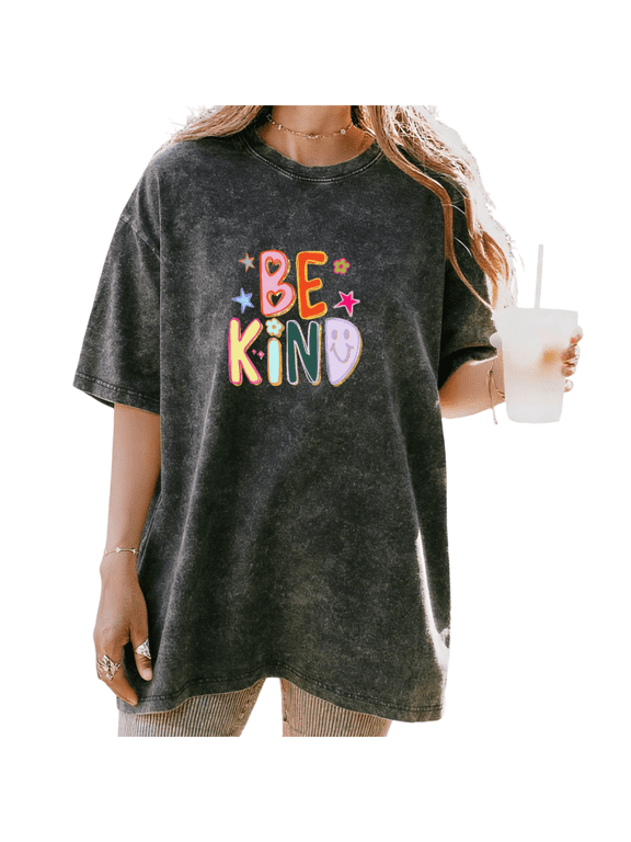 Washed Black Be Kind Colorful Doodle Smiley Graphic Print Tshirt Graphic Tees Shirts Positive Retro Casual Tops S-2XL