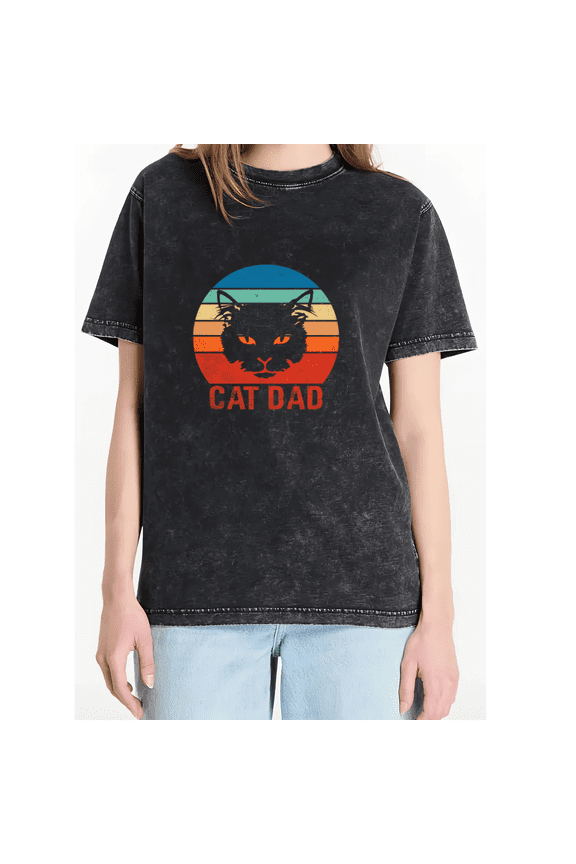 Washed Black Cat Dad Retro Sunset Cat Head Tshirt Graphic Tees Shirts Cat Dad Pet Lover Casual Short Sleeve Tops S-2XL