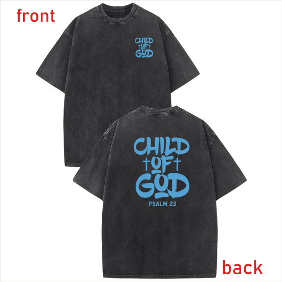 Washed Black Child of God Psalm 23 Print Tshirt Graphic Tees Shirts Bright Blue Art Religious Spiritual Gathering Loose Fit Outfit Tops S-2XL