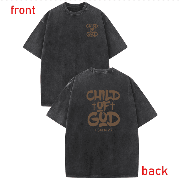 Washed Black Child of God Psalm 23 Print Tshirt Graphic Tees Shirts Earthy Brown Design Christian Faith Casual Daily Church Outfit Tops S-2XL