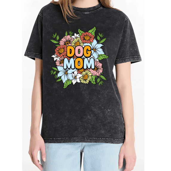 Washed Black Dog Mom Colorful Floral Bouquet Tshirt Graphic Tees Shirts Dog Mom Pet Lover Casual Short Sleeve Tops S-2XL
