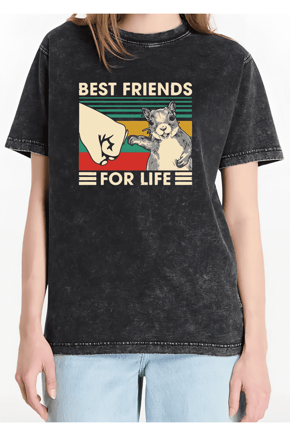 Washed Black Graphic Tees Print Tshirt Shirts S-2XL Squirrel Best Friends Cool Casual Tops