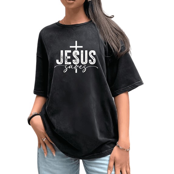 Washed Black Jesus Saves Cross Graphic Tees Print Tshirt Casual Shirts For Women Christian Faith And Daily Wear Tops S-2XL