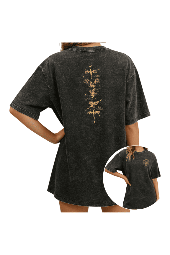 Washed Black Print Tshirt Fantasy Dragon Graphic Tees Shirts Vintage Washed Gothic Mythical Dragon Cotton Tee S 2XL Tops