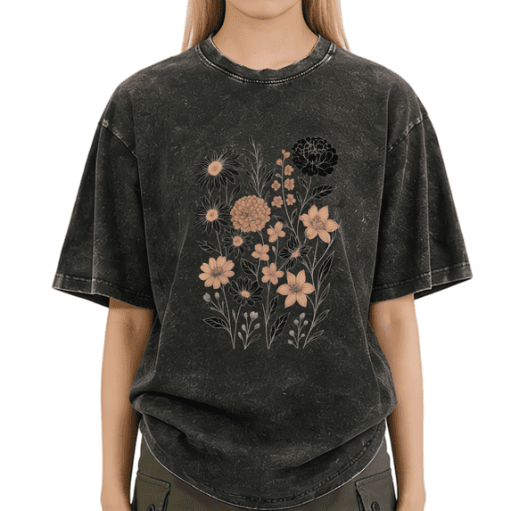 Washed Black Print Tshirt Graphic Tees Shirts Floral Bouquet Gift For Floral Enthusiasts S-2XL Tops