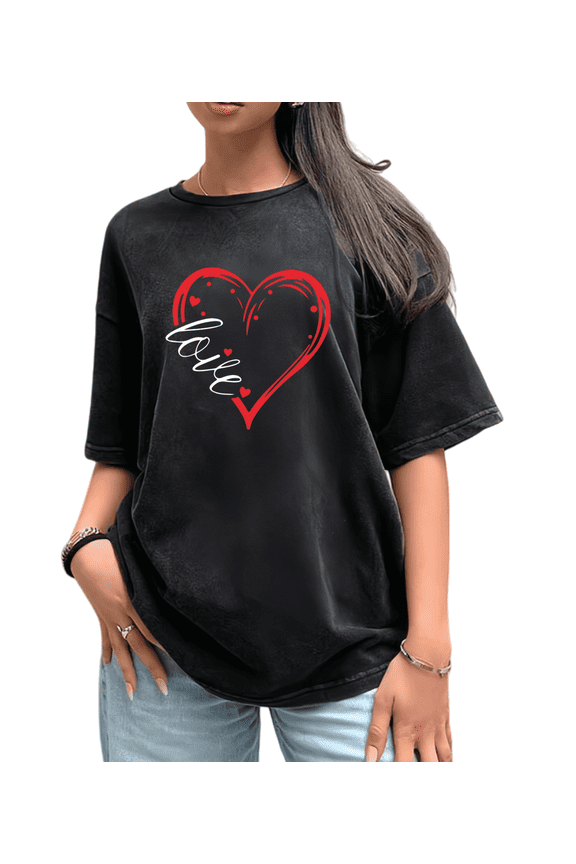 Washed Black Print Tshirt Graphic Tees Shirts S-2XL Streetwear Valentine Love for Daily Outfits Tops