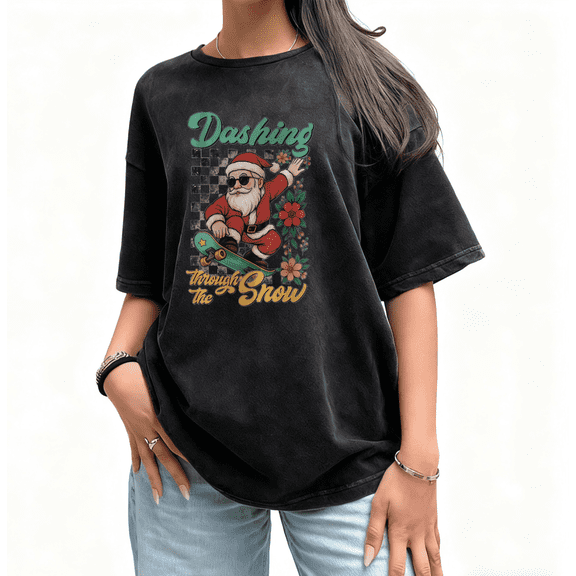 Washed Black Print Tshirt Graphic Tees Shirts S - 2XL Trendy Skate Santa Tops