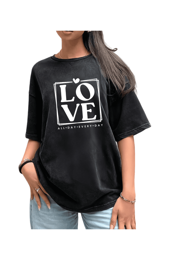 Washed Black Print Tshirt Graphic Tees Shirts S-2XL Valentine Love Square for Daily Outfits Tops