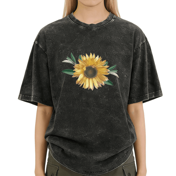 Washed Black Print Tshirt Graphic Tees Shirts Sunflower With Leaves Gift For Nature Lovers S-2XL Tops