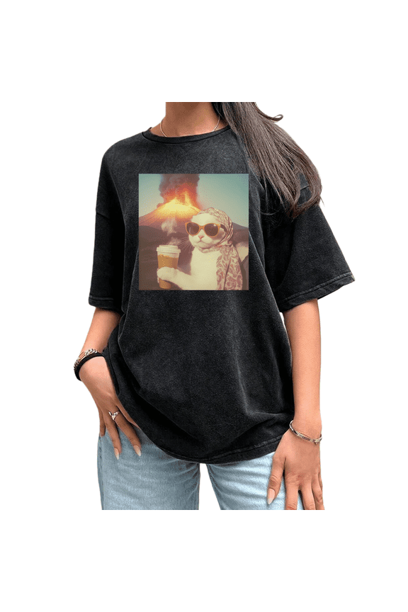 Washed Black Print Tshirt S-2XL Cat Coffee Volcano Retro Meme Humorous Casual Wear Tops