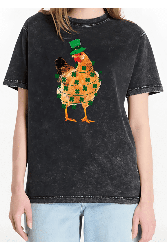 Black Washed Print Tshirt Graphic Tees Shirts S-2XL Casual Green Chicken Shamrock String Tops
