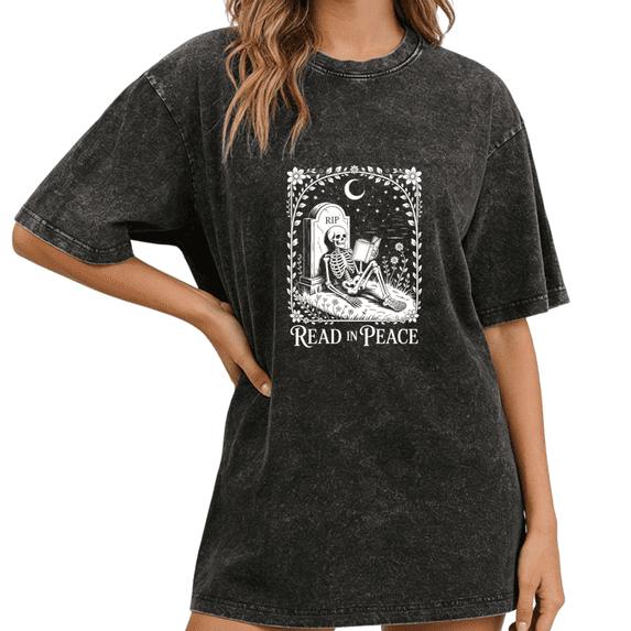 Washed Black Trendy Skeleton Reading Book Print T-Shirt Graphic Tees Shirts Book Lover Gift S-2XL Tops