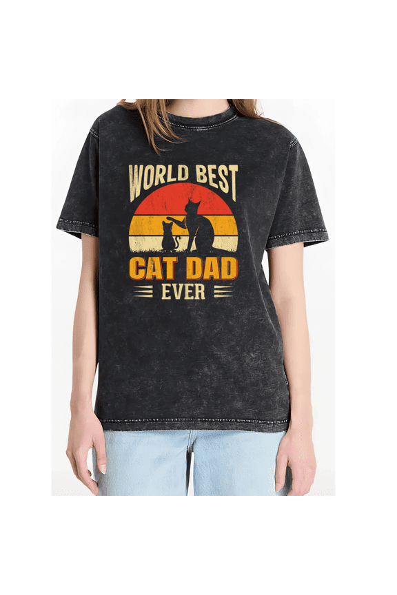 Washed Black World's Best Cat Dad Ever Retro Sunset Cat Paw Fist Bump Tshirt Graphic Tees Shirts Cat Dad Pet Lover Casual Short Sleeve Tops S-2XL